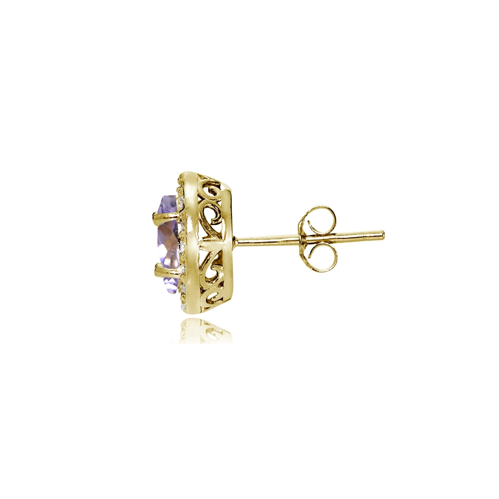 Yellow Gold Flashed Sterling Silver Amethyst and Cubic Zirconia Accents Oval Halo Stud Earrings-2
