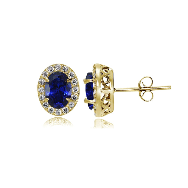 Yellow Gold Flashed Sterling Silver Created Blue Sapphire and Cubic Zirconia Accents Oval Halo Stud Earrings