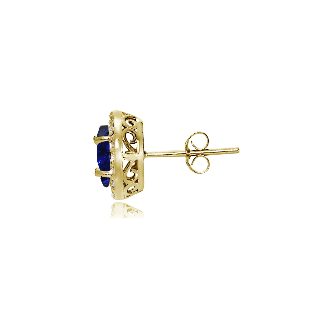 Yellow Gold Flashed Sterling Silver Created Blue Sapphire and Cubic Zirconia Accents Oval Halo Stud Earrings-2