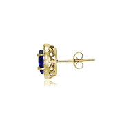 Yellow Gold Flashed Sterling Silver Created Blue Sapphire and Cubic Zirconia Accents Oval Halo Stud Earrings