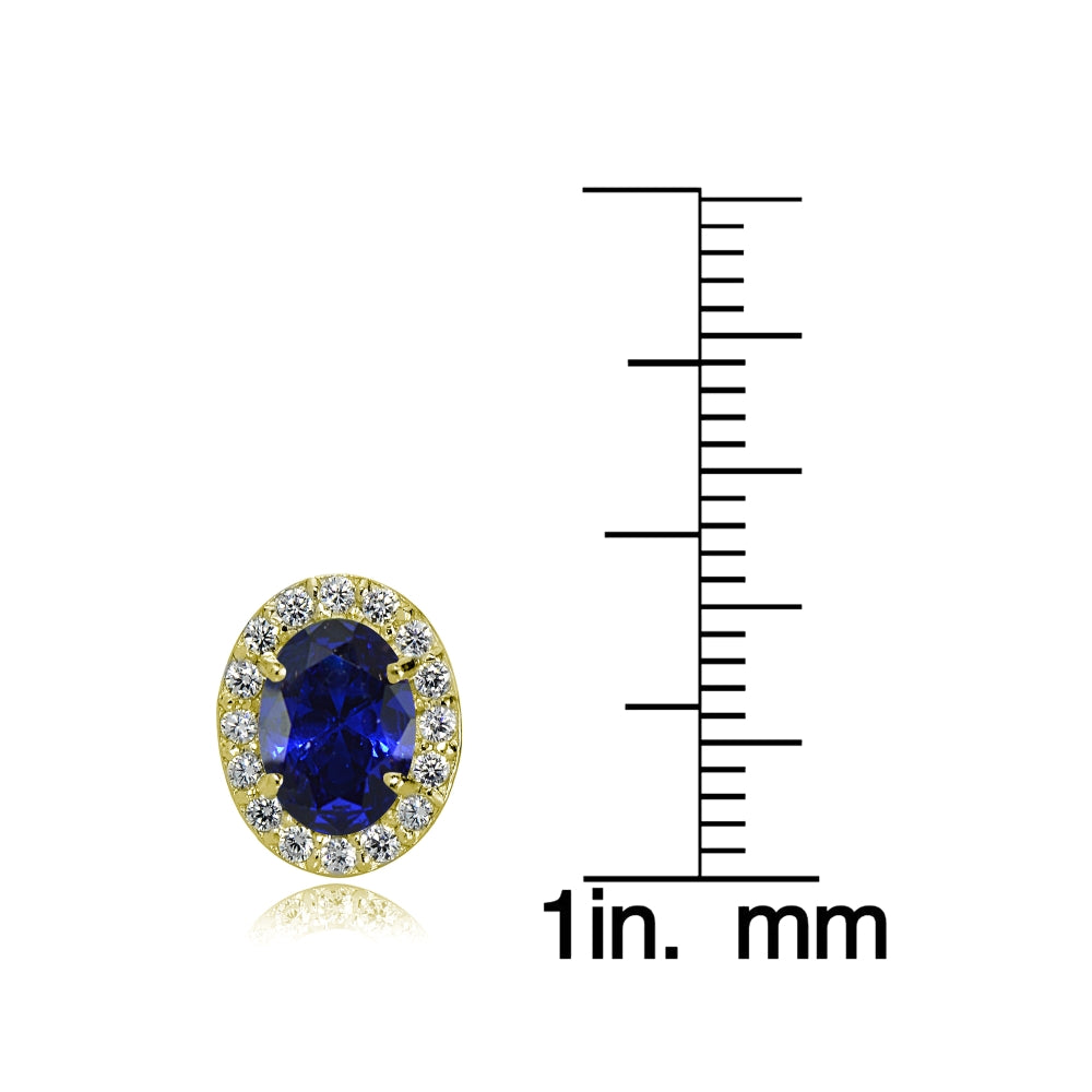 Yellow Gold Flashed Sterling Silver Created Blue Sapphire and Cubic Zirconia Accents Oval Halo Stud Earrings-3