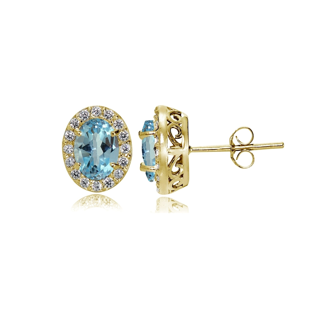 Yellow Gold Flashed Sterling Silver Blue Topaz and Cubic Zirconia Accents Oval Halo Stud Earrings
