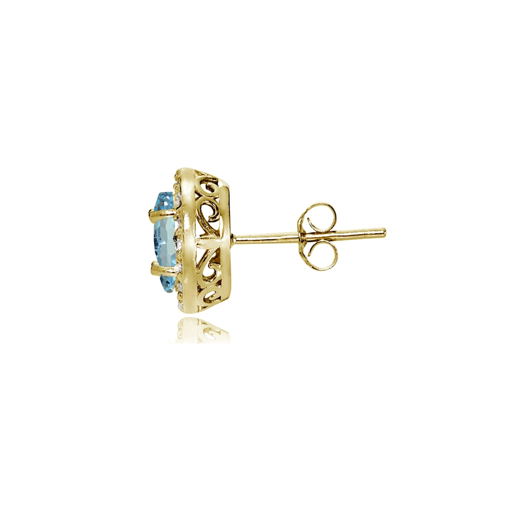 Yellow Gold Flashed Sterling Silver Blue Topaz and Cubic Zirconia Accents Oval Halo Stud Earrings-2