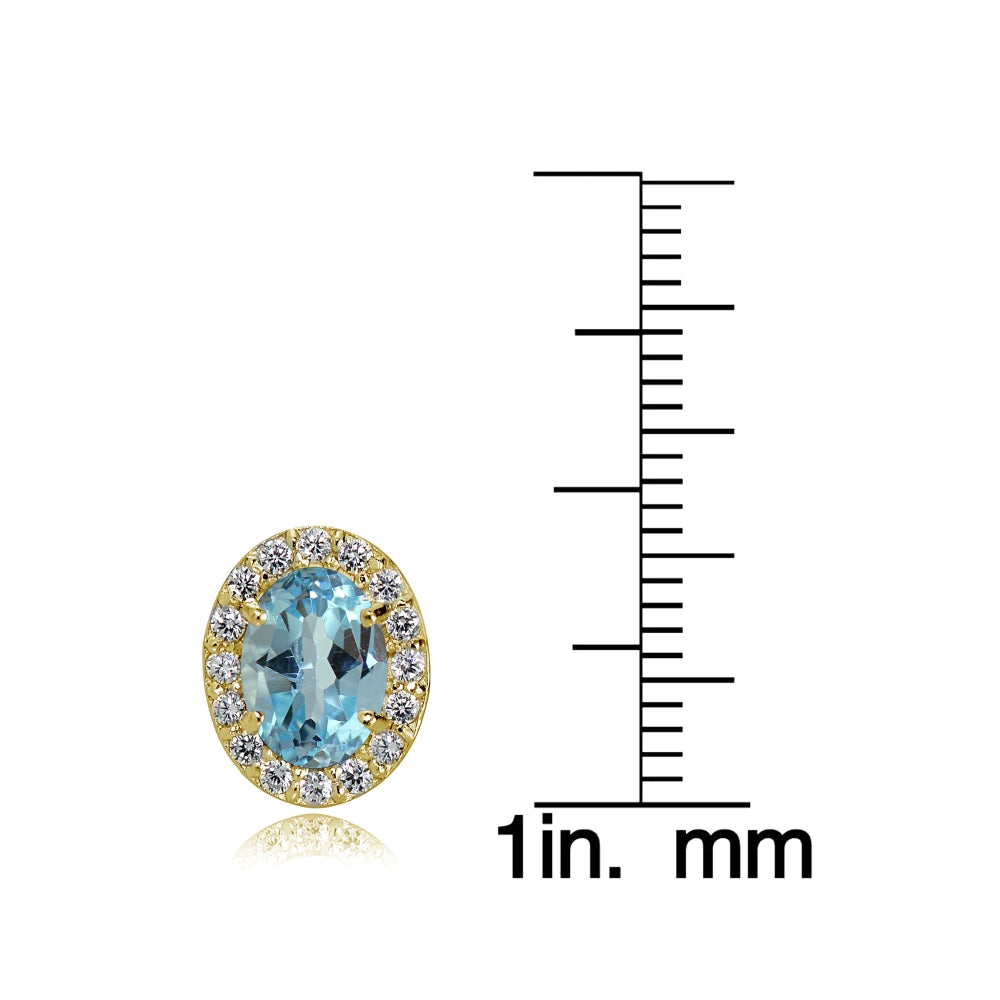 Yellow Gold Flashed Sterling Silver Blue Topaz and Cubic Zirconia Accents Oval Halo Stud Earrings-3