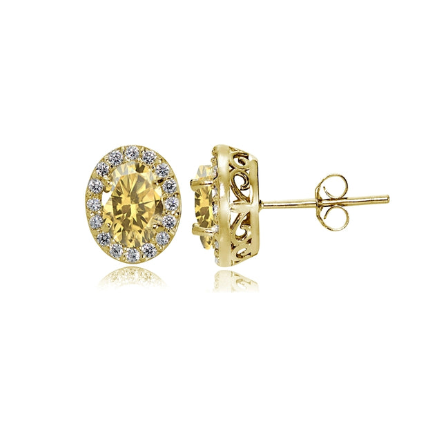 Yellow Gold Flashed Sterling Silver Citrine and Cubic Zirconia Accents Oval Halo Stud Earrings