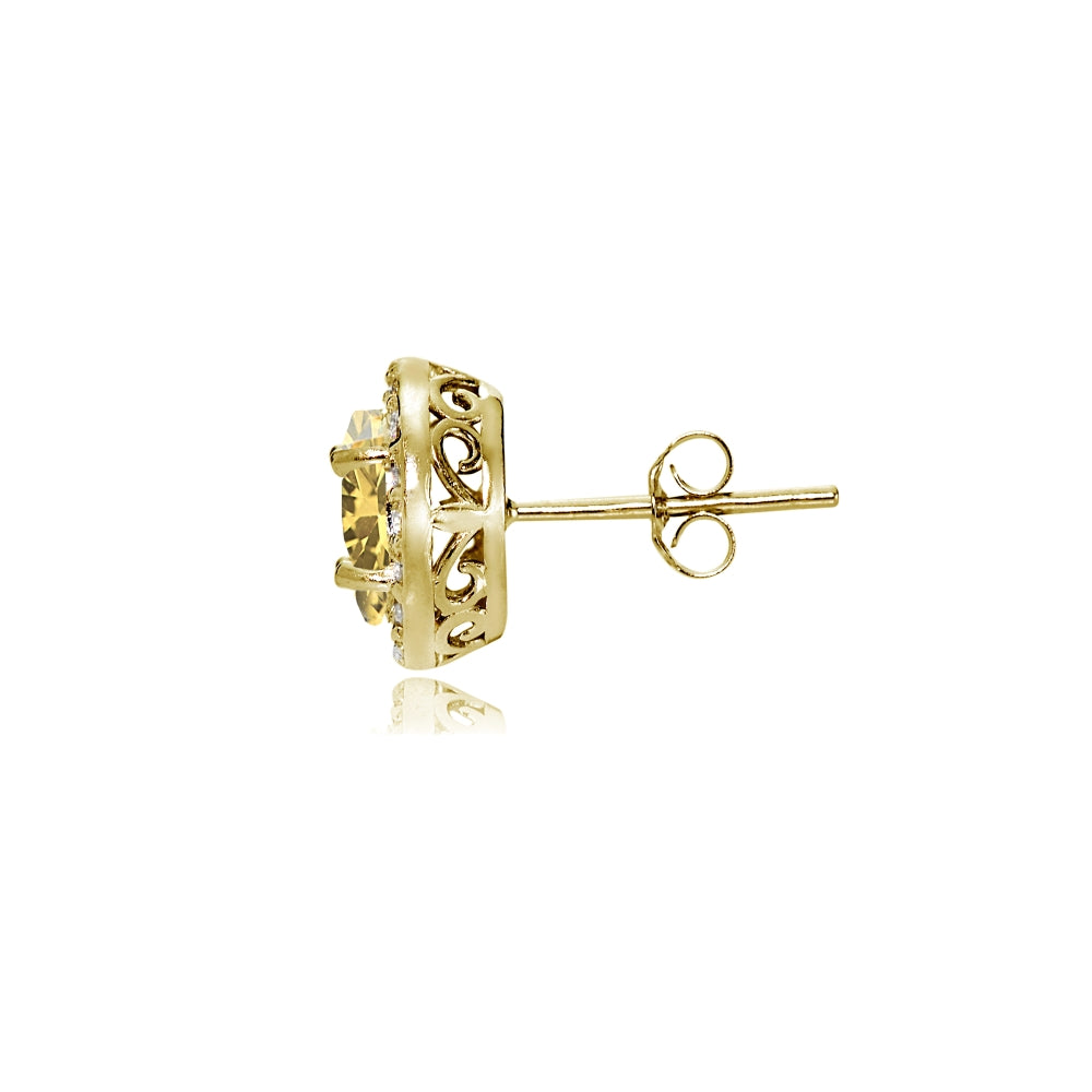 Yellow Gold Flashed Sterling Silver Citrine and Cubic Zirconia Accents Oval Halo Stud Earrings-2