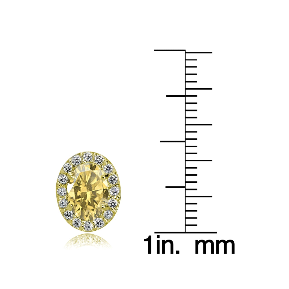 Yellow Gold Flashed Sterling Silver Citrine and Cubic Zirconia Accents Oval Halo Stud Earrings-3