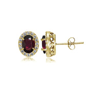 Yellow Gold Flashed Sterling Silver Garnet and Cubic Zirconia Accents Oval Halo Stud Earrings