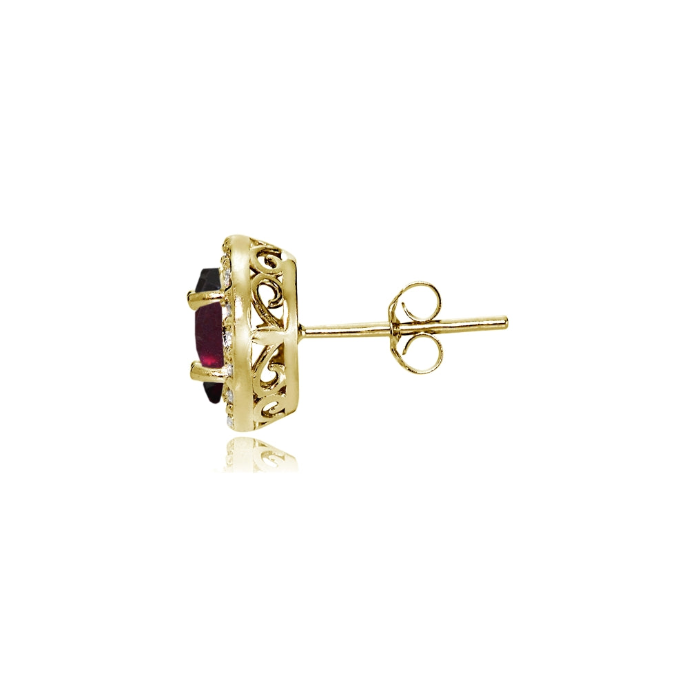 Yellow Gold Flashed Sterling Silver Garnet and Cubic Zirconia Accents Oval Halo Stud Earrings-2