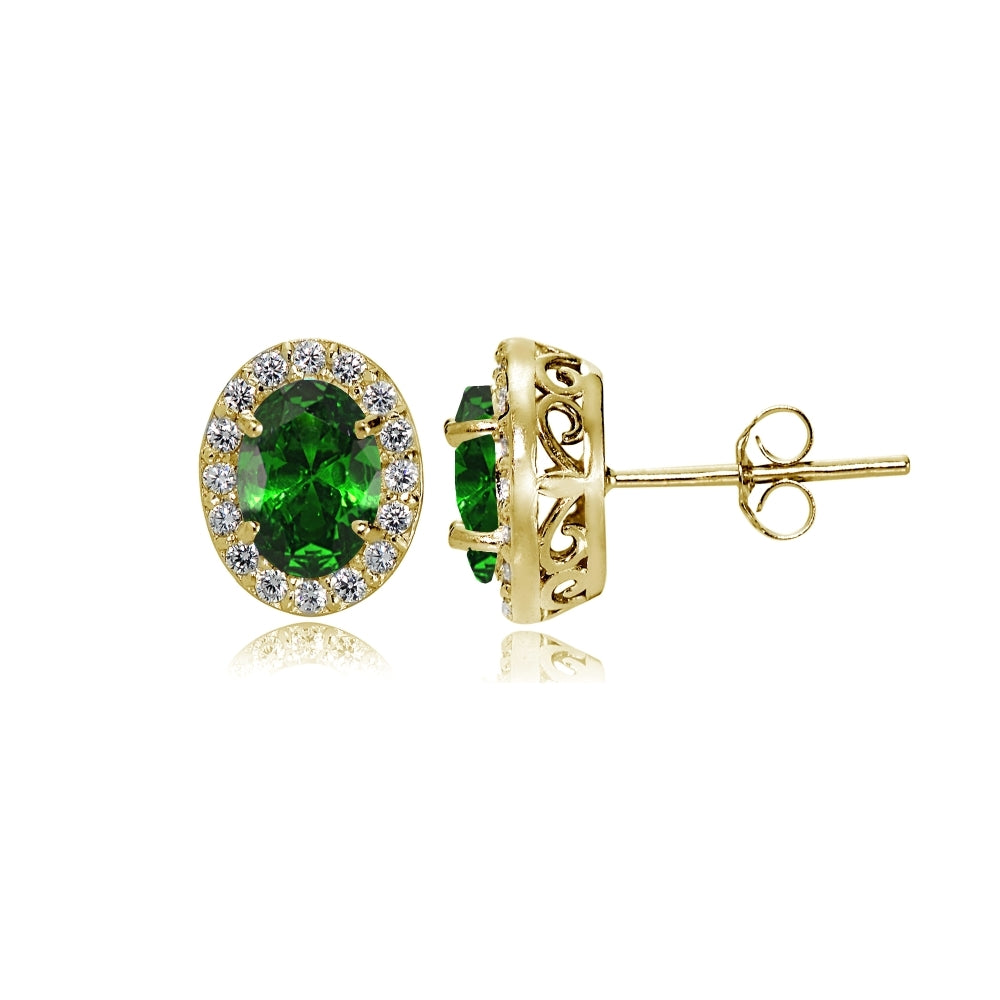 Yellow Gold Flashed Sterling Silver Created Emerald and Cubic Zirconia Accents Oval Halo Stud Earrings