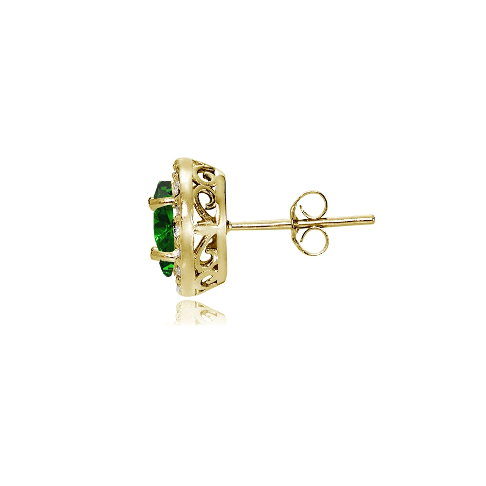 Yellow Gold Flashed Sterling Silver Created Emerald and Cubic Zirconia Accents Oval Halo Stud Earrings-2