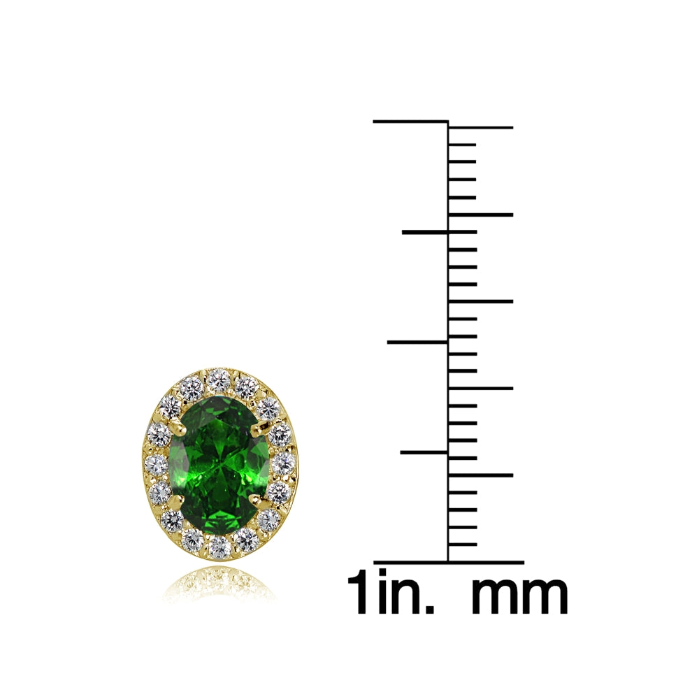 Yellow Gold Flashed Sterling Silver Created Emerald and Cubic Zirconia Accents Oval Halo Stud Earrings-3