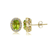 Yellow Gold Flashed Sterling Silver Peridot and Cubic Zirconia Accents Oval Halo Stud Earrings