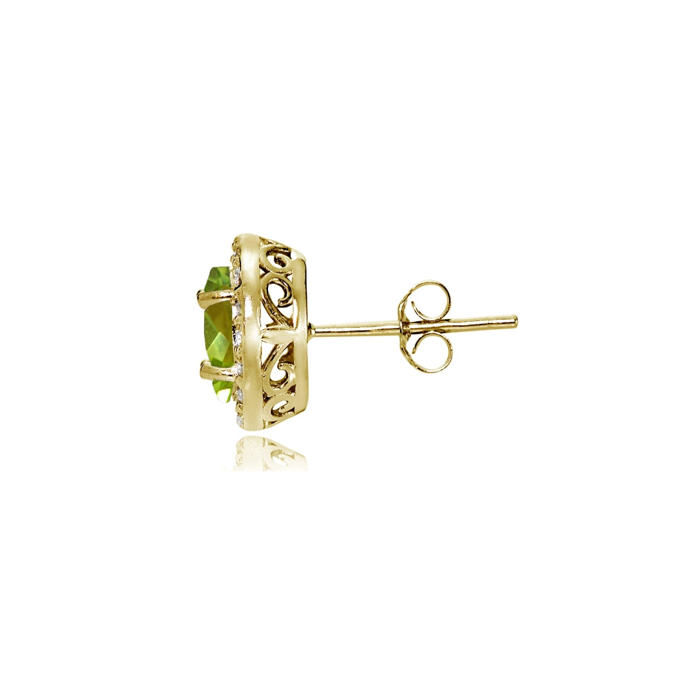 Yellow Gold Flashed Sterling Silver Peridot and Cubic Zirconia Accents Oval Halo Stud Earrings-2