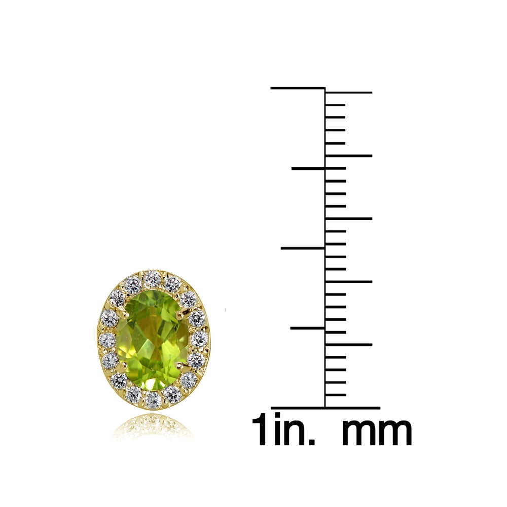 Yellow Gold Flashed Sterling Silver Peridot and Cubic Zirconia Accents Oval Halo Stud Earrings-3
