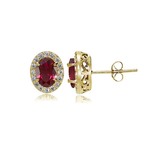 Yellow Gold Flashed Sterling Silver Created Ruby and Cubic Zirconia Accents Oval Halo Stud Earrings
