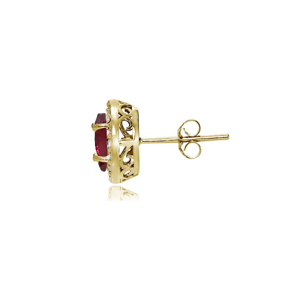 Yellow Gold Flashed Sterling Silver Created Ruby and Cubic Zirconia Accents Oval Halo Stud Earrings-2