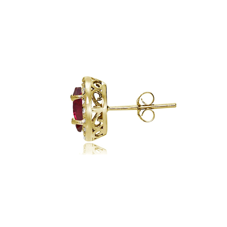 Yellow Gold Flashed Sterling Silver Created Ruby and Cubic Zirconia Accents Oval Halo Stud Earrings