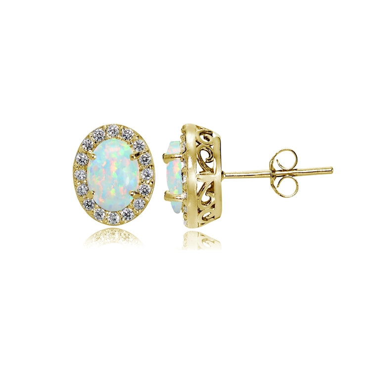 Yellow Gold Flashed Sterling Silver Created White Opal and Cubic Zirconia Accents Oval Halo Stud Earrings