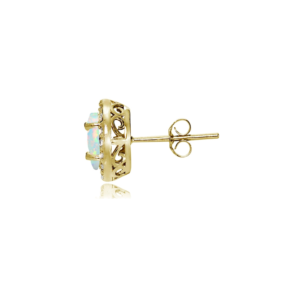 Yellow Gold Flashed Sterling Silver Created White Opal and Cubic Zirconia Accents Oval Halo Stud Earrings-2