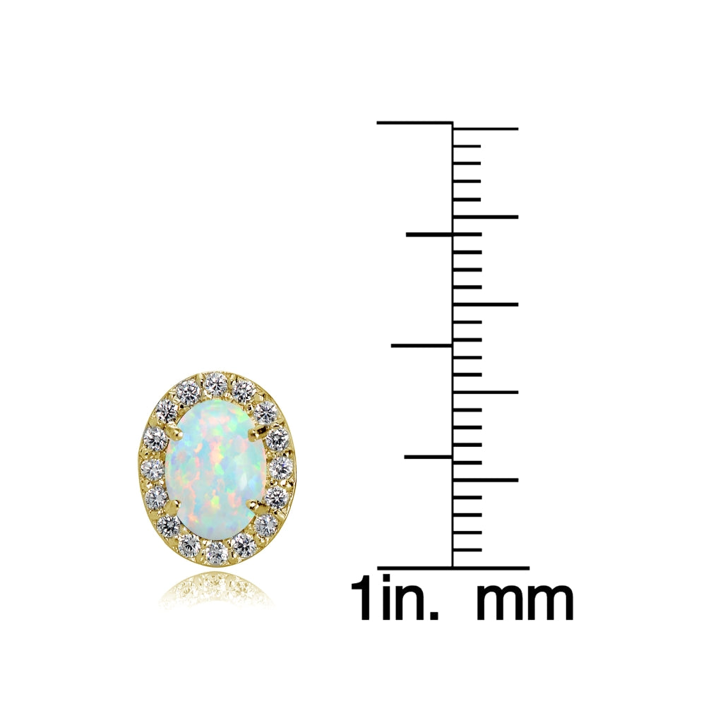 Yellow Gold Flashed Sterling Silver Created White Opal and Cubic Zirconia Accents Oval Halo Stud Earrings-3