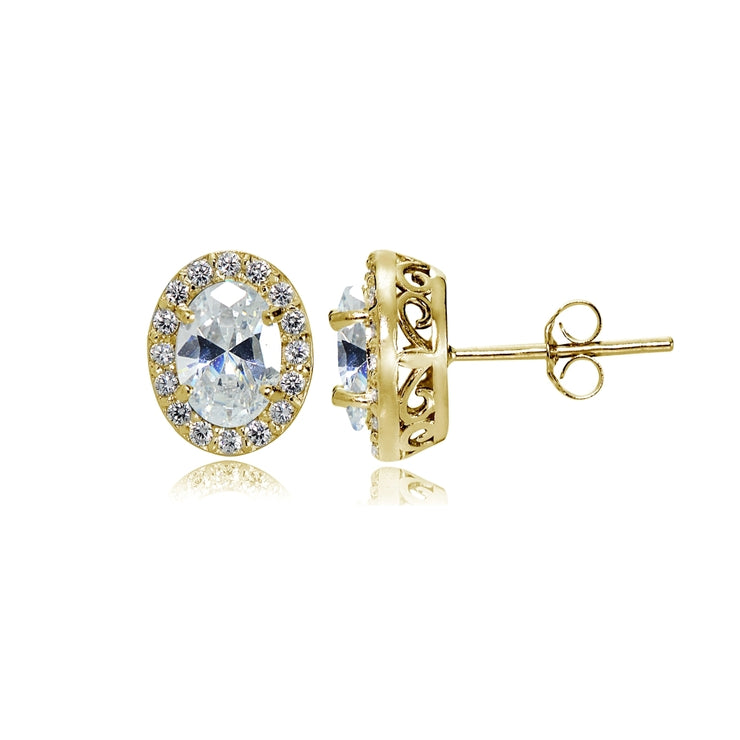 Yellow Gold Flashed Sterling Silver Cubic Zirconia Oval Halo Stud Earrings
