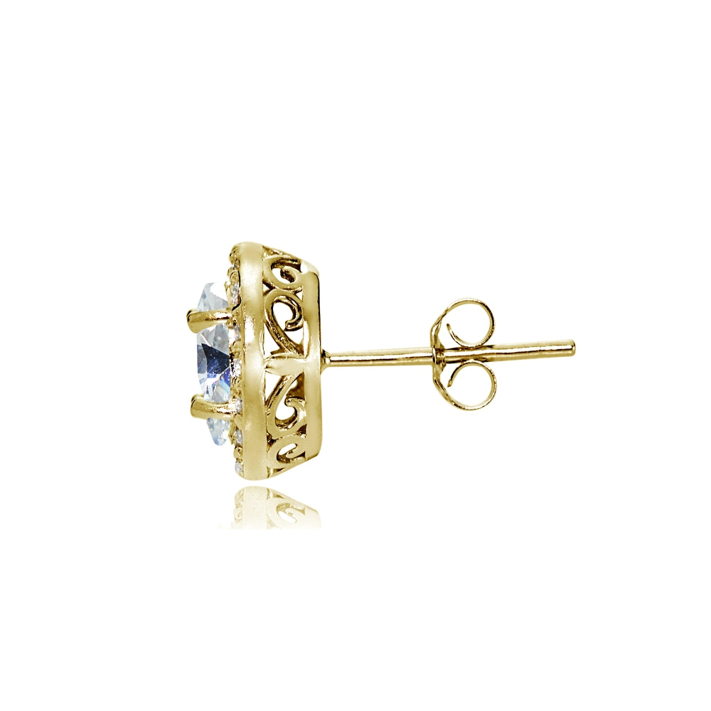 Yellow Gold Flashed Sterling Silver Cubic Zirconia Oval Halo Stud Earrings-2