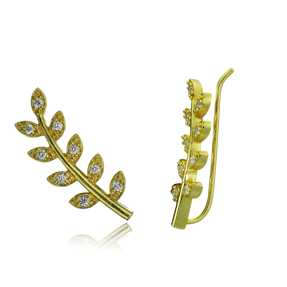 Gold Tone over Sterling Silver Cubic Zirconia Leaf Crawler Climber Hook Earrings