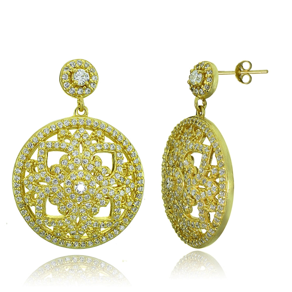 Gold Tone over Sterling Silver Cubic Zirconia Filigree Medallion Dangle Earrings