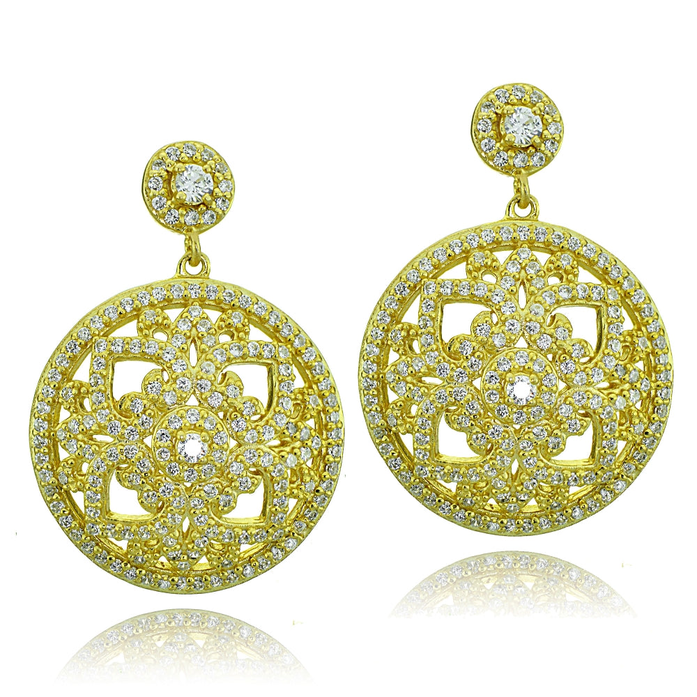 Gold Tone over Sterling Silver Cubic Zirconia Filigree Medallion Dangle Earrings-2