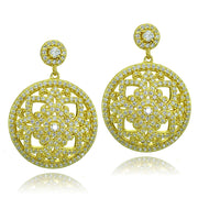 Gold Tone over Sterling Silver Cubic Zirconia Filigree Medallion Dangle Earrings