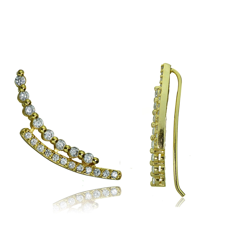 Gold Tone over Sterling Silver Cubic Zirconia Three Stone Dangle or Drop Earrings
