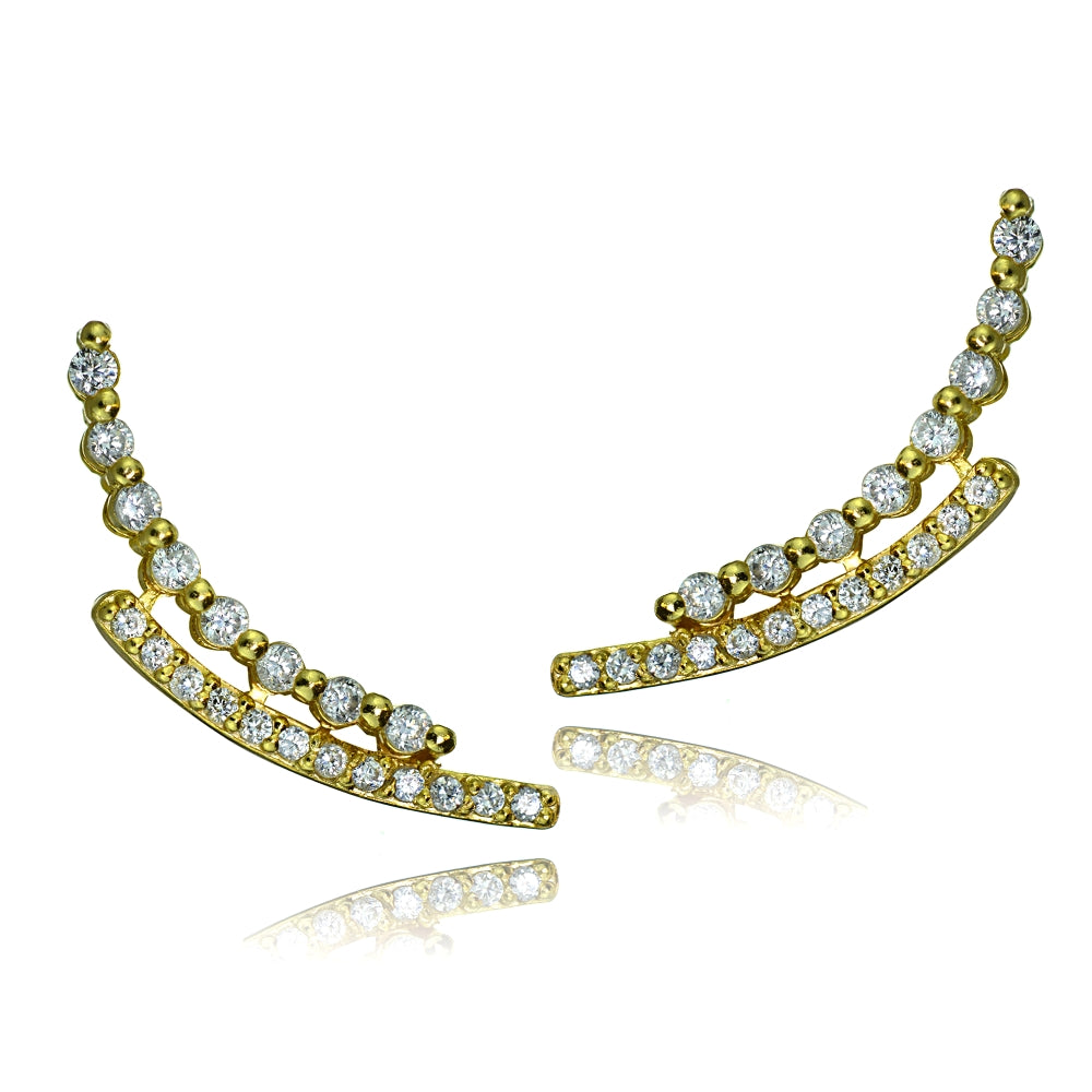 Gold Tone over Sterling Silver Cubic Zirconia Three Stone Dangle or Drop Earrings-2