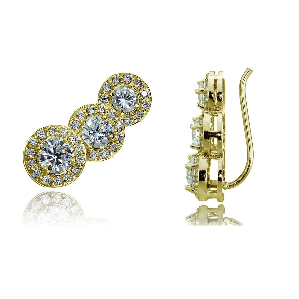 Gold Tone over Sterling Silver Cubic Zirconia Three Stone Halo Crawler Climber Hook Earrings