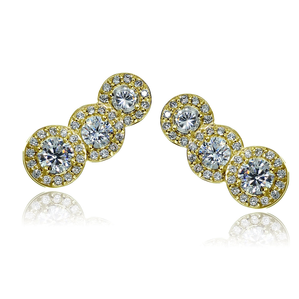 Gold Tone over Sterling Silver Cubic Zirconia Three Stone Halo Crawler Climber Hook Earrings-2