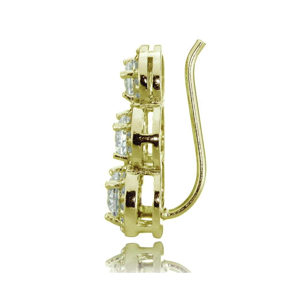 Gold Tone over Sterling Silver Cubic Zirconia Three Stone Halo Crawler Climber Hook Earrings-3