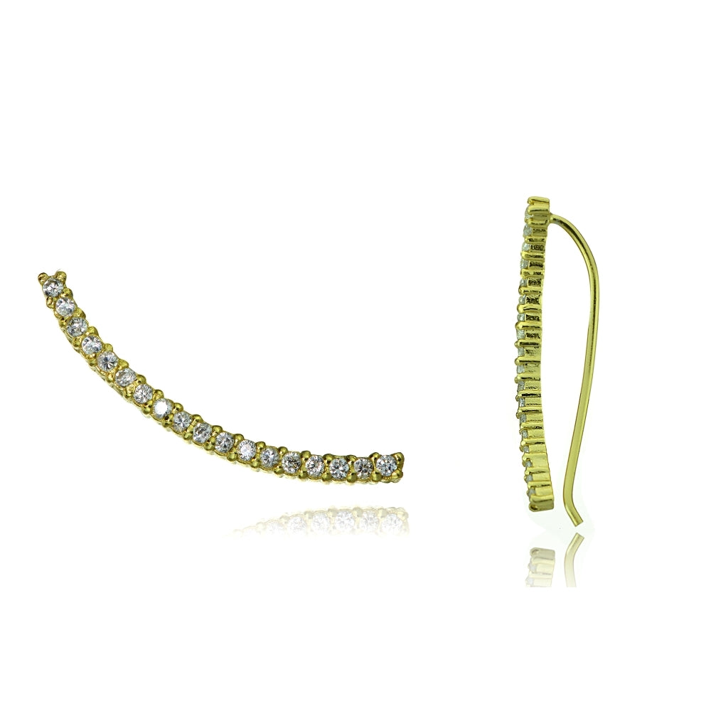 Gold Tone over Sterling Silver Cubic Zirconia Curved Crawler Climber Hook Earrings