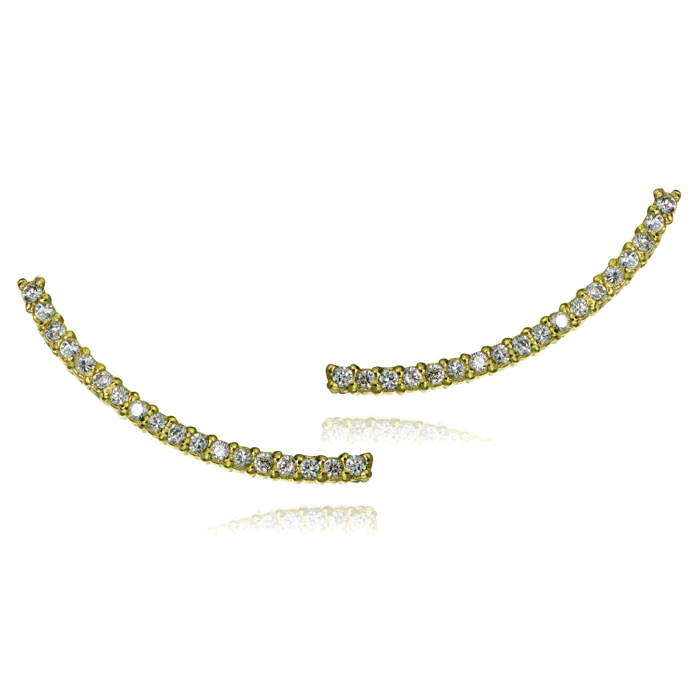 Gold Tone over Sterling Silver Cubic Zirconia Curved Crawler Climber Hook Earrings-2