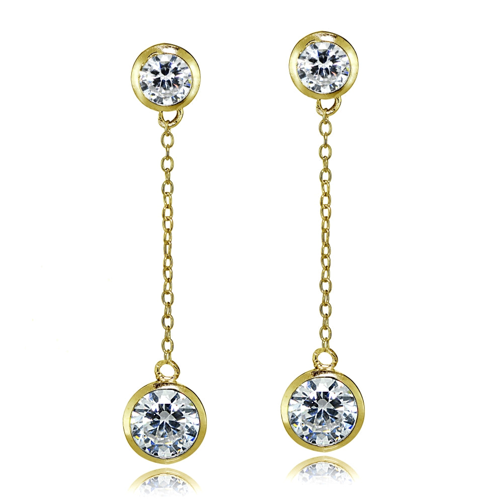 Gold Tone over Sterling Silver Cubic Zirconia Bezel-Set Dangling Earrings-2