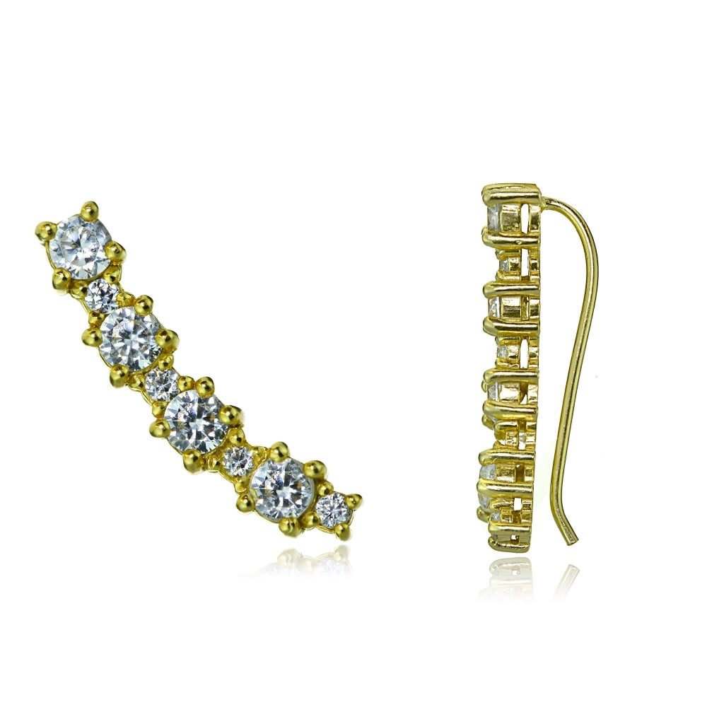 Gold Tone over Sterling Silver Round Cubic Zirconia Curved Crawler Climber Hook Earrings
