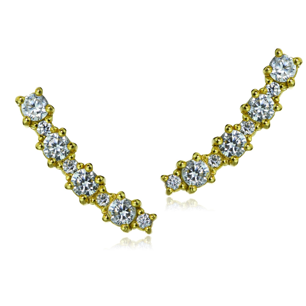 Gold Tone over Sterling Silver Round Cubic Zirconia Curved Crawler Climber Hook Earrings-2