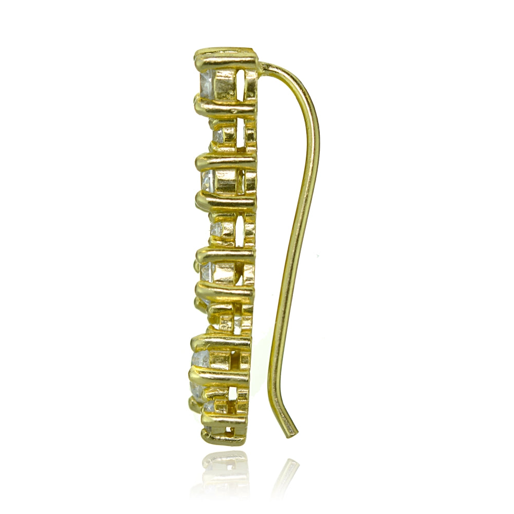 Gold Tone over Sterling Silver Round Cubic Zirconia Curved Crawler Climber Hook Earrings-3