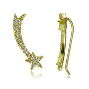 Gold Tone over Sterling Silver Cubic Zirconia Shooting Star Crawler Climber Hook Earrings