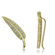 Gold Tone over Sterling Silver Cubic Zirconia Leaf Crawler Climber Hook Earrings