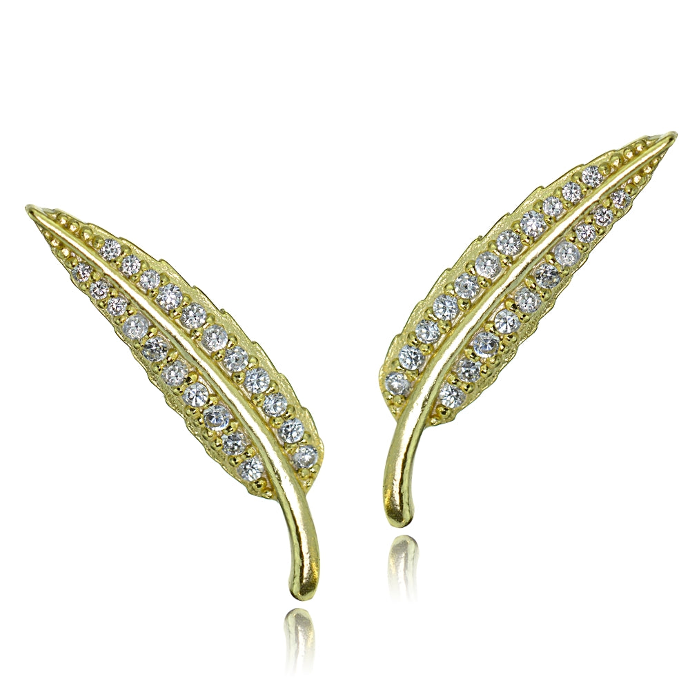 Gold Tone over Sterling Silver Cubic Zirconia Leaf Crawler Climber Hook Earrings-2