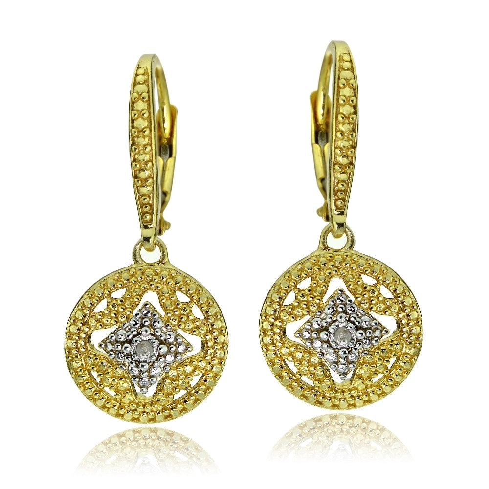 Gold Tone over Sterling Silver Diamond Accent Filigree Medallion Dangle Leverback Earrings-2