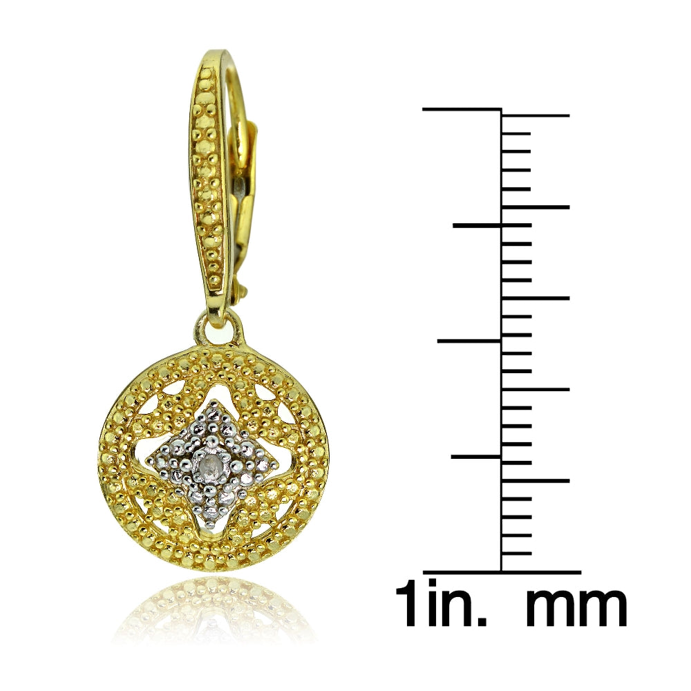 Gold Tone over Sterling Silver Diamond Accent Filigree Medallion Dangle Leverback Earrings-3