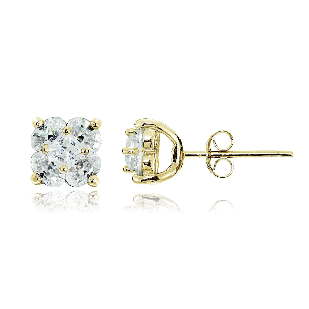 Gold Tone over Sterling Silver Cubic Zirconia Flower Stud Earrings