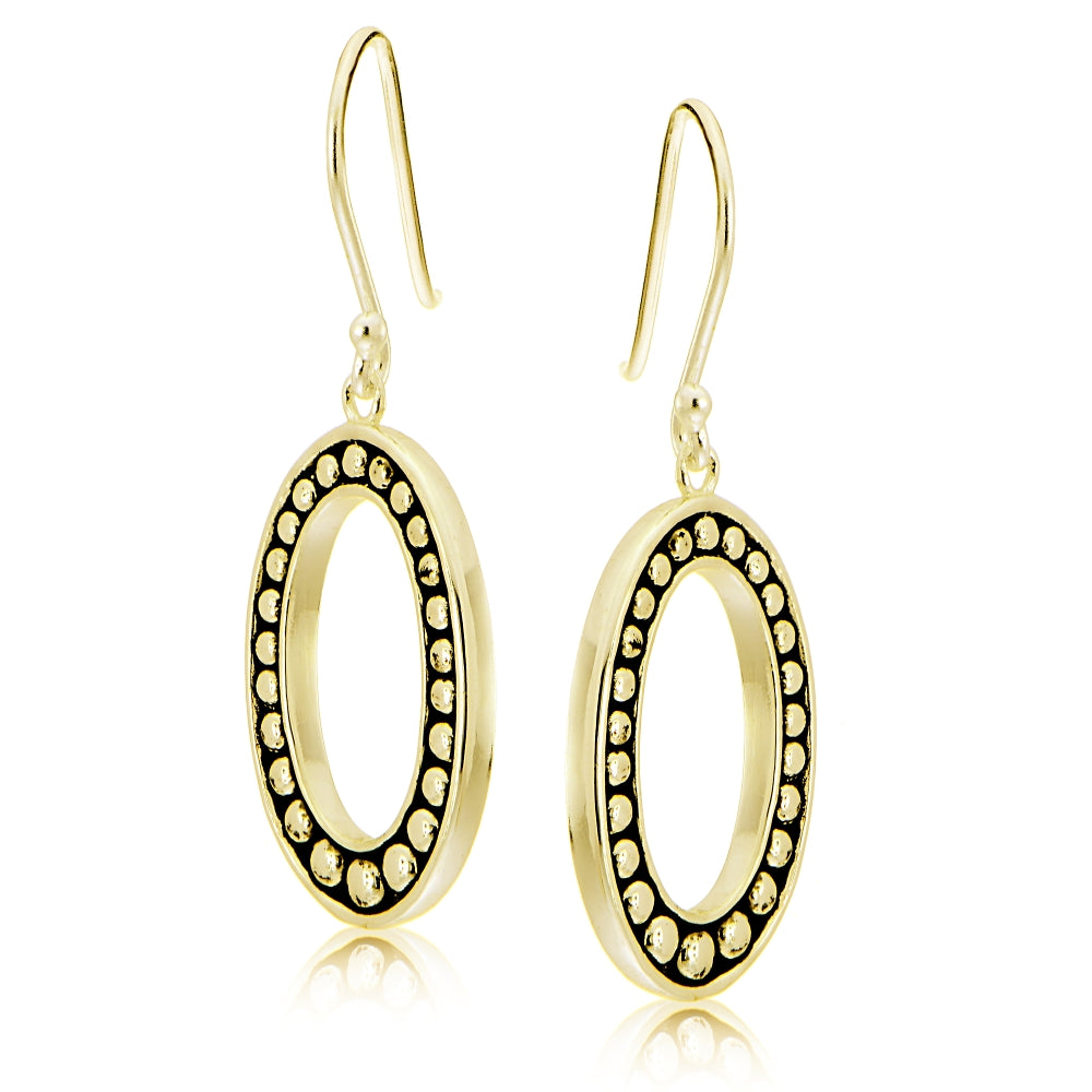 Gold Tone over Sterling Silver Oxidized Pressed Beads Oval Dangle Earrings-2
