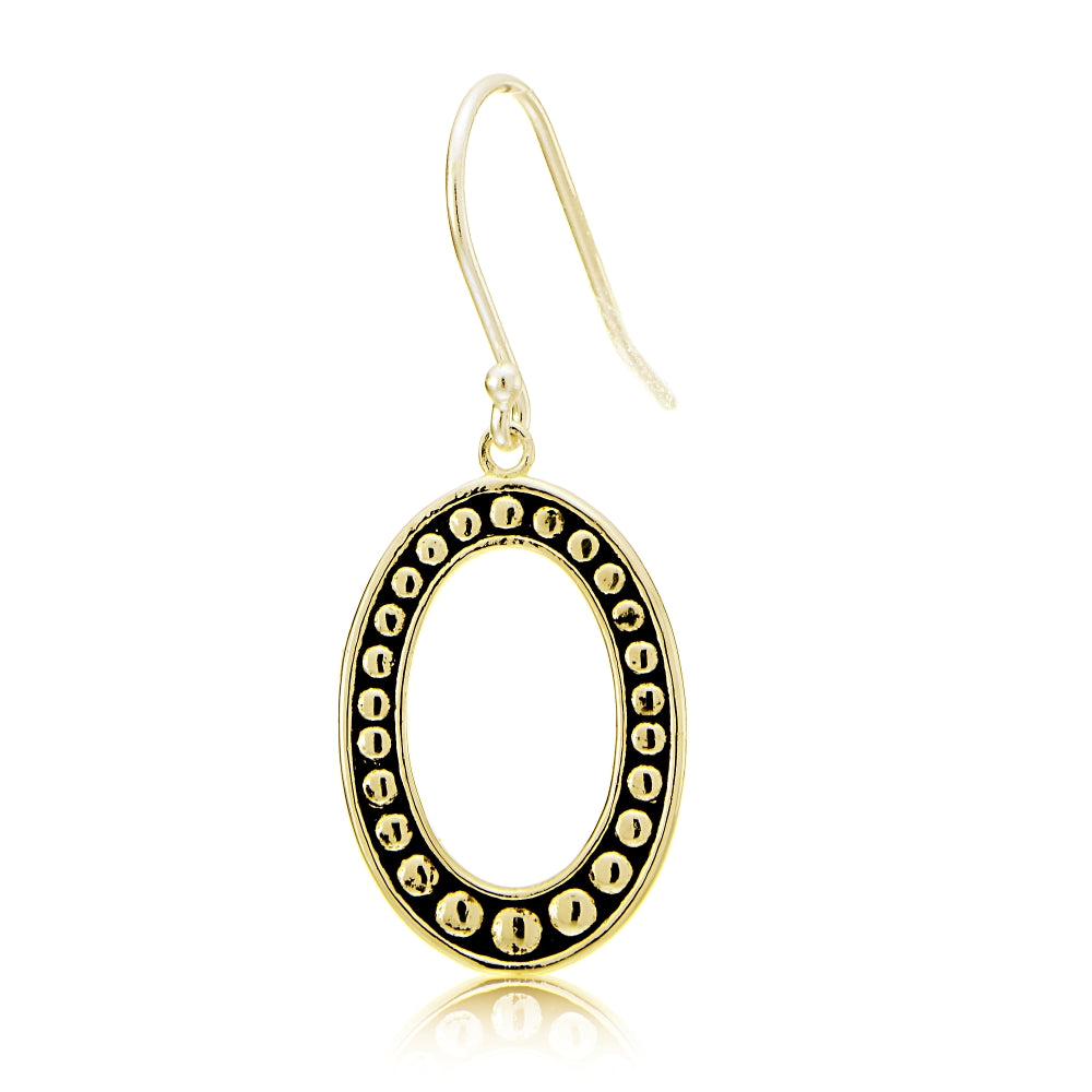 Gold Tone over Sterling Silver Oxidized Pressed Beads Oval Dangle Earrings-3